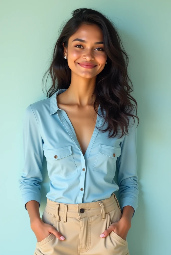 Create an image of a bit skinny indian girl having wheat-whitish coloured skin wearing light blue tight full sleeves top with beige cargos ( she shud be smiling and show me the full outfit )
