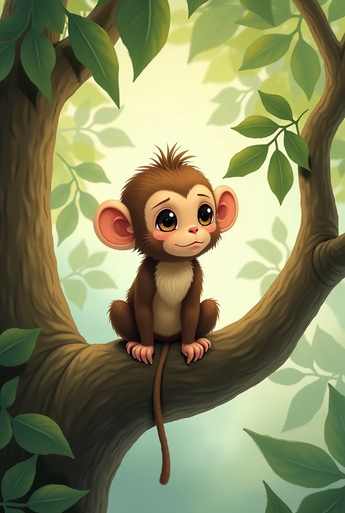 Tico, the Little Monkey Illustration A playful and sad monkey at the same time, sitting on a tree branch. He should have an expression of hunger and concern..
