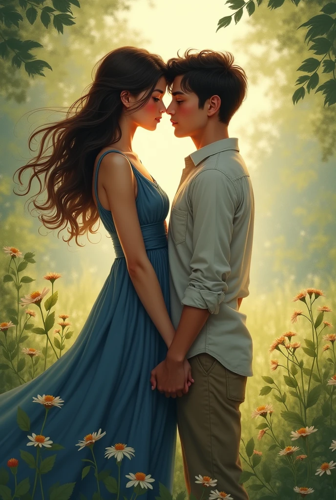 Create an image of two teenagers in love. Let the girl be of medium build., Dark brown hair and brunette that is wearing a blue and gray dress boy and girl that she is more brunette