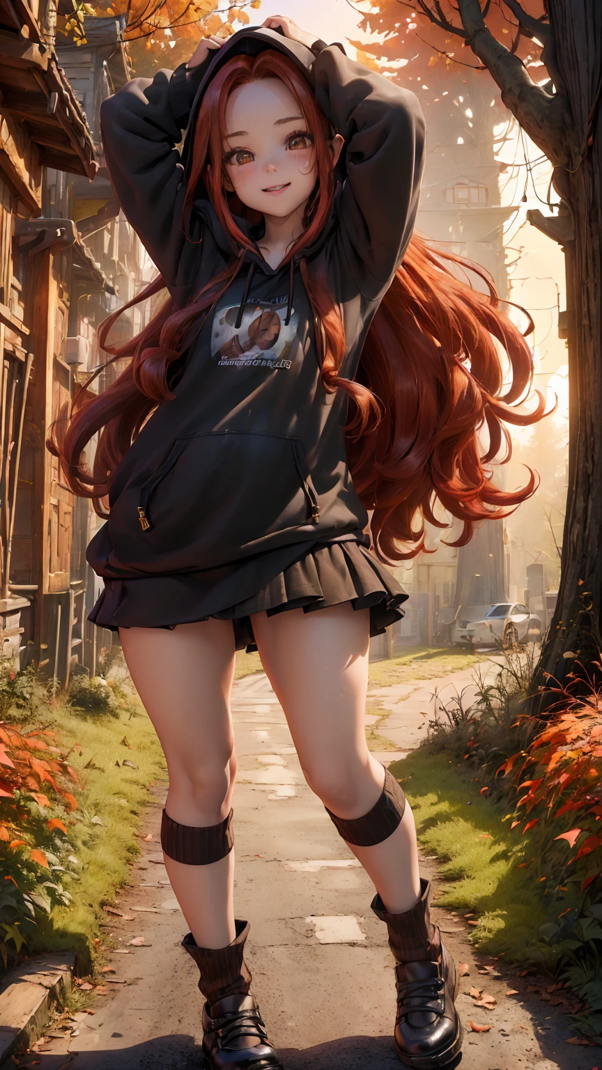 Young girl, (), (little body, small height), (petite girl: 1.35), (adorable face), (big forehead: 1.2), she has a long flowing hair, (red hair: 1.5), (long hair: 1.35), asian features, (brown eyes: 1.5), bright eyes, brown light eyes, (white skin: 1.35), beautiful detailed eyes, cute young girl, (flat chest: 1.35), (((wearing black skirt, a baggy black hoddie and Over-the-knee socks))), high quality clothes, high resolution, (detailed clothes), (loose hoddie: 1.35), (autumn forest, sunset, warm light background))), cute, daring girl, (detailed background), (full detailed 8k), (perfectly detailed face), (enhance anatomy), vfx, highres, sharp, focus, (photorealistic artwork: 1.35), (extremely detailed CG unity 8k wallpaper), (((vibrant colors, vibrant theme))), (dynamic pose: 1.5), cool vibes, fashion girl, happy, flirting expression, coquette, (playful attitude), smiling, happy, adorable small girl, joyful girl