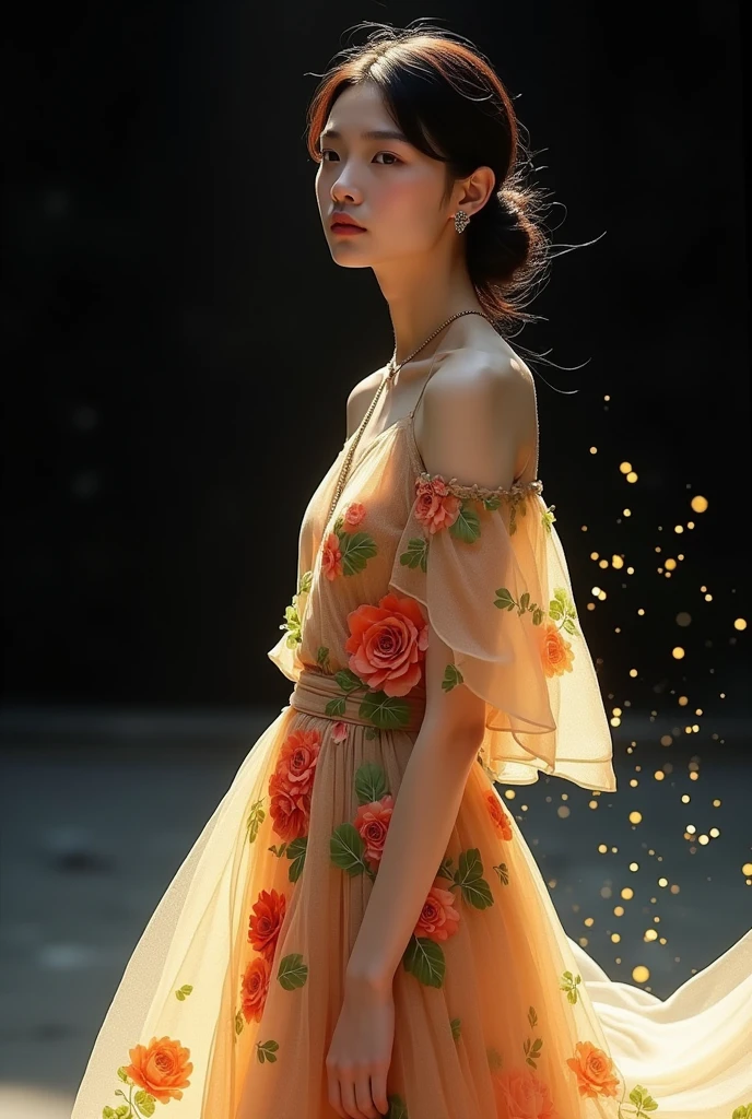 happy summer fashion design by vera wang with colourful flowers in soft tan colours and floral, wore by japanese female model, black void background, soft yellow particles, smokes and nice lighting, UHD, HDR, 8k, Masterpiece, realistic, hyper realistic.
