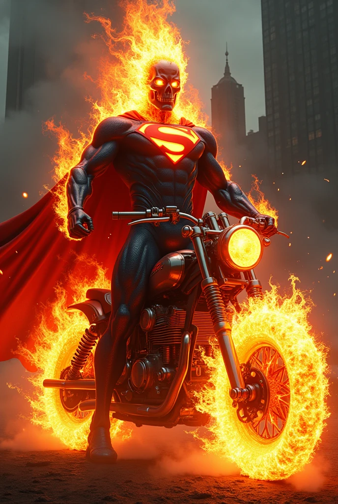 (Superman in ghost Rider look with ghost Rider bike, full body look