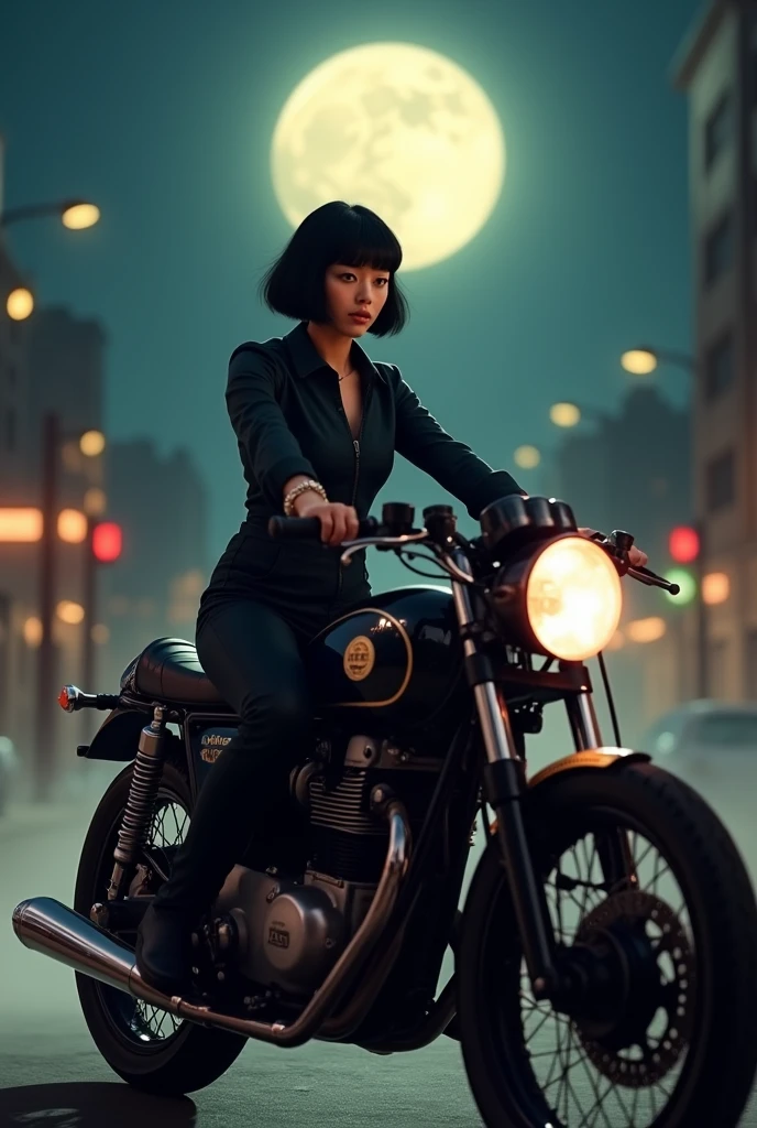A beautiful young woman from Brooklyn, dressed in a jumpsuit, riding a classic cafe racer motorcycle under the full moon of the Mid-Autumn Festival. The scene is set at night with the full moon glowing brightly in the background, illuminating her and the vintage bike. She has short black bobbed hair, and her expression is cool and composed. The motorcycle is vintage in design, adding to the retro atmosphere. The setting reflects an urban night with a slight mist, creating a mysterious and serene mood 