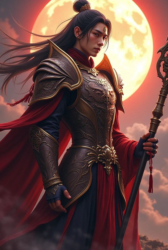 Handsome young early 20 Yo xianxia protagonist,charming handsome,guy,man,long black obsidian hair, Crimson red eyes combination ,and long black tint hair,and the golden rune motiv  engraved on his forehead,use armour featuring like God of evil  with black and  silver dominant color,pauldron protective shape like dragon head,breastplate featuring like qiongqi four perils Chinese beast((search reference for 4 perils Chinese beast qiongqi)),breastplate detailed emperor dragon head shape,shoulder protective dragon shape like head red and blue,sun and moon and circling at the background,ultra detail,the tassel of the armour like river of galaxy, combination of black and red dominant color,darkest red dominant color, Crimson dark red dominant color armour,with majestic silver line ,held  halberd of abyss,halberd extreme detailed, And demonic wings at back,demonic wings at back,terrifying aura around,24K ultra hd,face and eyes detail,lips and face detail,masterpiece ,better quality 