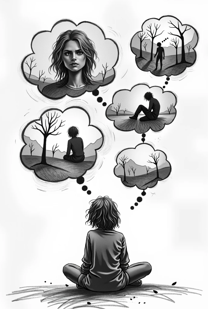 Create a sketch-type image where there is a person thinking and around them are thoughts of sadness, pain, loneliness.