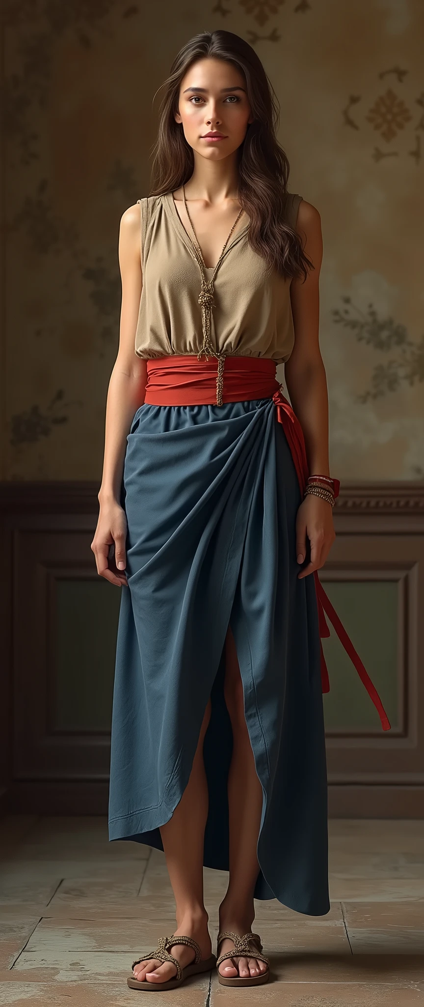 Front view, Full body, on floor , standing pose, on floor , in Serbian pub, BC 4 century, Her is name Helena 20 years old, Greek old-style clothing , Serbian girl, (Light Brown Hair, middle hair ,brown eyes, Beautiful Lips, Small lips, little smile),,Red wide belt,(middle Breasts, middle Hips) , (wearing khaki color one-piece shirt, rope belt ), (Blue Toga:1.3), poor sandal, Textured skin , HI Detail Skin, (Shorthand, Canon, 8k, Anatomically correct, Super Detail, Attention to detail, Your Highness)