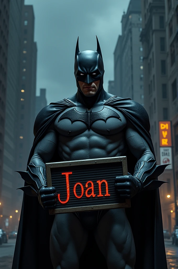 Batman with a sign that says Joan