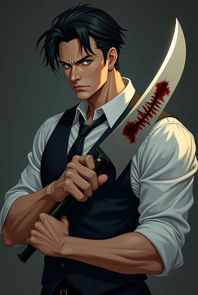 man strong, bartender outfit, very stylish, lightly combed black hair, formal face, serious eyes, With a malicious smile, holding a large hunting knife with a simple drawing of a sharp-toothed smile on the knife in anime style