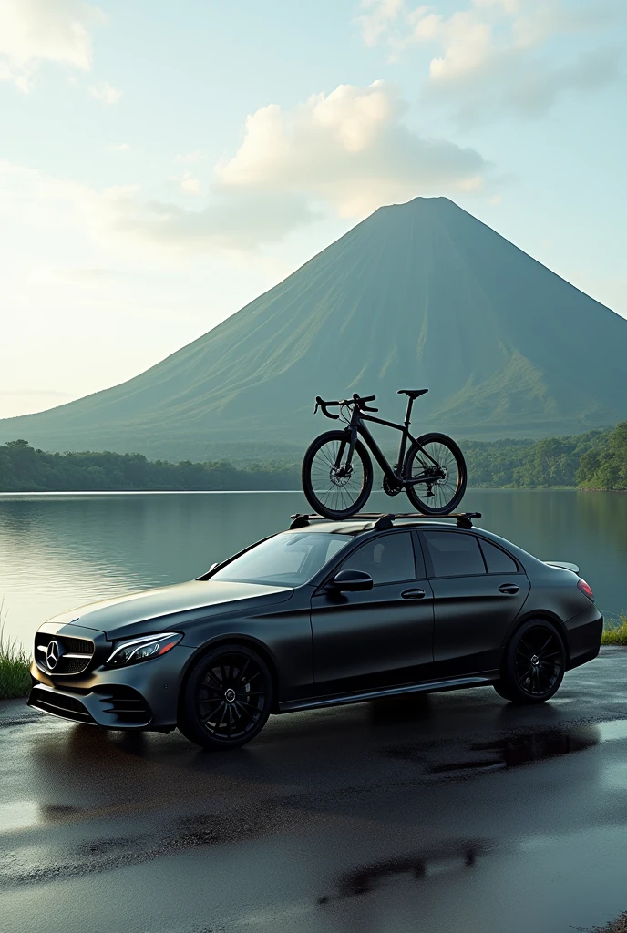 Mercedes Benz C200 matte black with a bicycle rack on the roof and a black bicycle and a lake and a green volcano in the background 