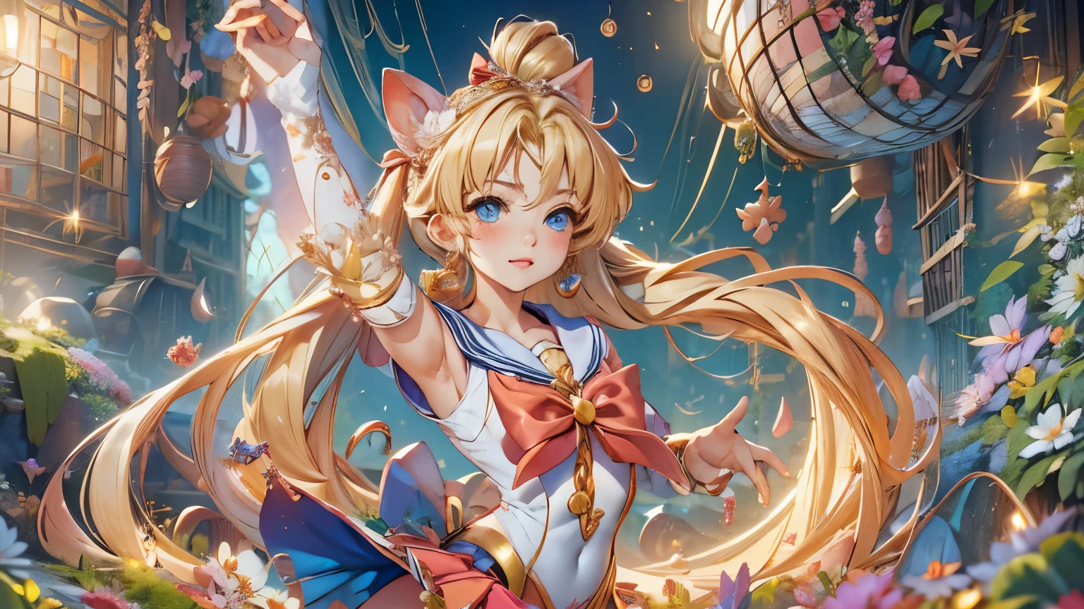 Draw Sailor Moon in her signature sailor suit, including the golden tiara, the red bow on the chest and the blue skirt. Make sure to include her long blonde hair in two pigtails with crescent moon decorations. The pose must be dynamic, as if in the middle of a magical transformation, with light effects and flashes around. The background can be a starry sky or a nighttime urban scene..
