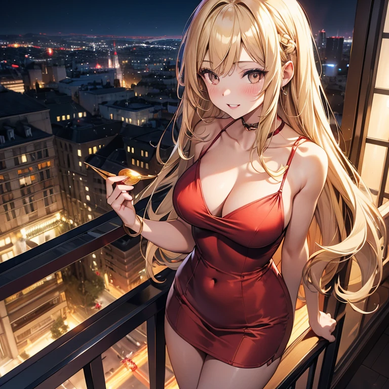 1girl, solo, bangs, long blonde hair, parted lips, medium breast, gold eyes, long hair, smile, solo, Women's red Satin Sleeveless Spaghetti Strap Mini Dress Sexy Slip Cowl Neck Silky Cocktail Party Dress, standing on the balcony, midnight cityscape background