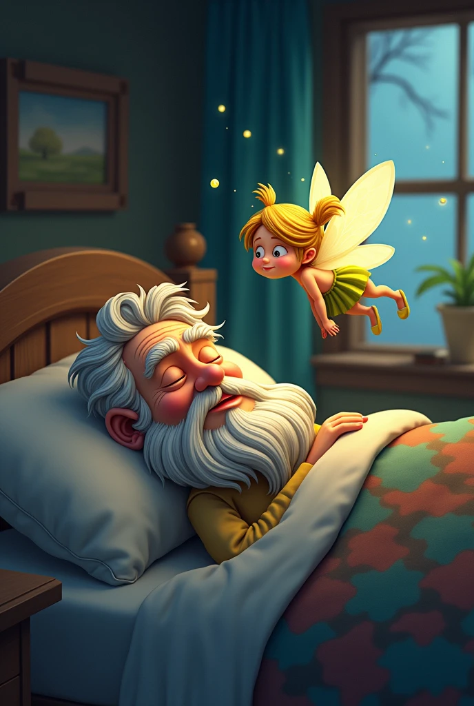 The farmer was sleeping in the home when a fairy came in his dream cartoon