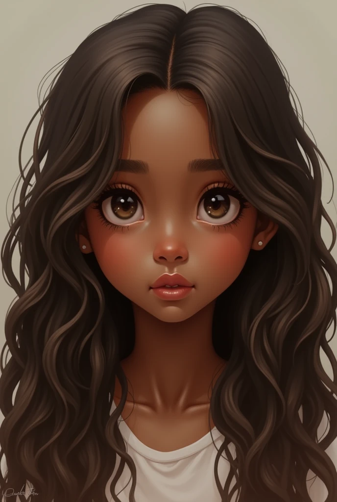 A dark-skinned girl,puffy round face,half-slanted eyes, small eyes and long wavy brown hair
