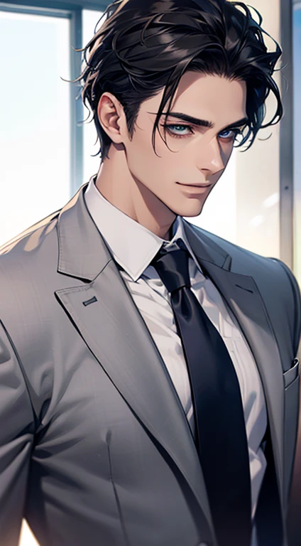 (Highest quality,4K,8K,High resolution,masterpiece:1.2),Super detailed,(Realistic,photoRealistic,photo-Realistic:1.37),1 personld,Mature Man,Beautiful skin、Profile、very handsome,Expressionless,smile,Short gray black hair,blue eyes,Sharp Eyes,A perfect face without a doubt,Businessman,Office Background,Cinema Lighting,HDR image,tie、