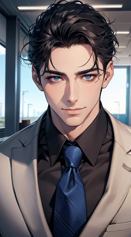 (Highest quality,4K,8K,High resolution,masterpiece:1.2),Super detailed,(Realistic,photoRealistic,photo-Realistic:1.37),1 personld,Mature Man,Beautiful skin、Profile、very handsome,Expressionless,smile,Short gray black hair,blue eyes,Sharp Eyes,A perfect face without a doubt,Businessman,Office Background,Cinema Lighting,HDR image,tie、