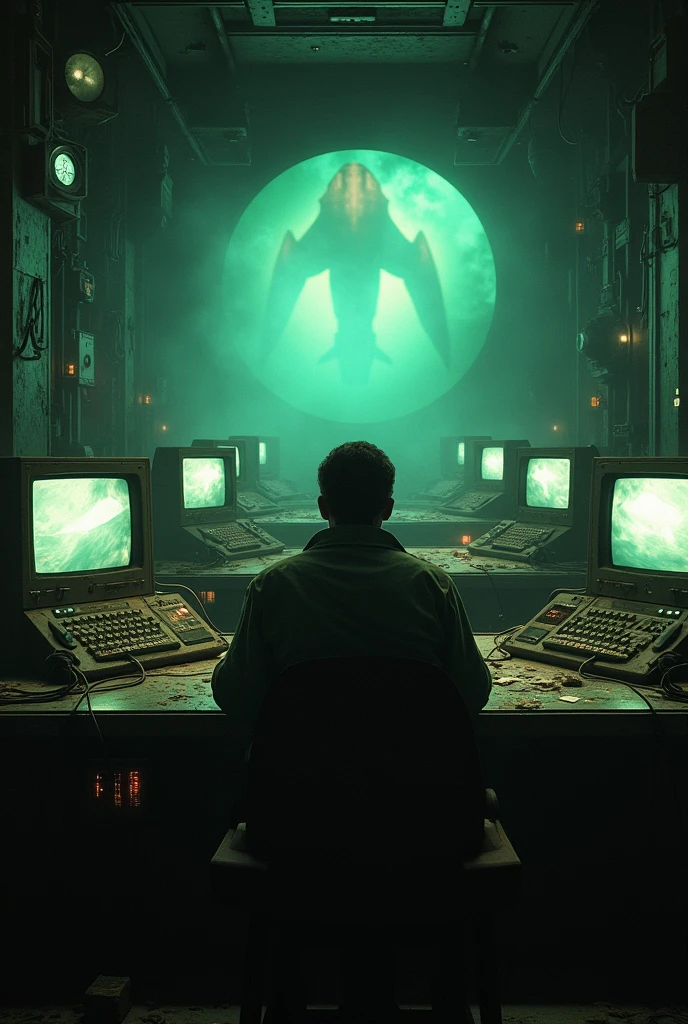 An old military control room with old equipment and blurry images of spaceships on the screens.”