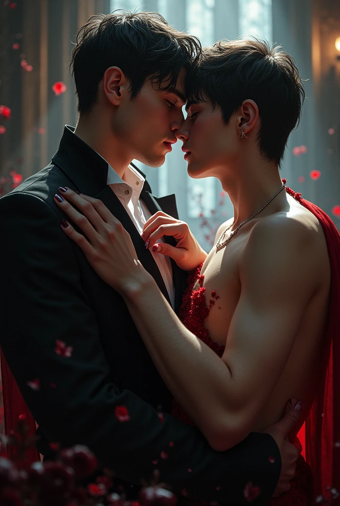 Young male vampire couple biting each other's wrist