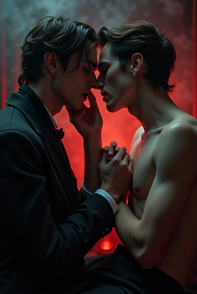 Young male vampire couple biting each other's wrist