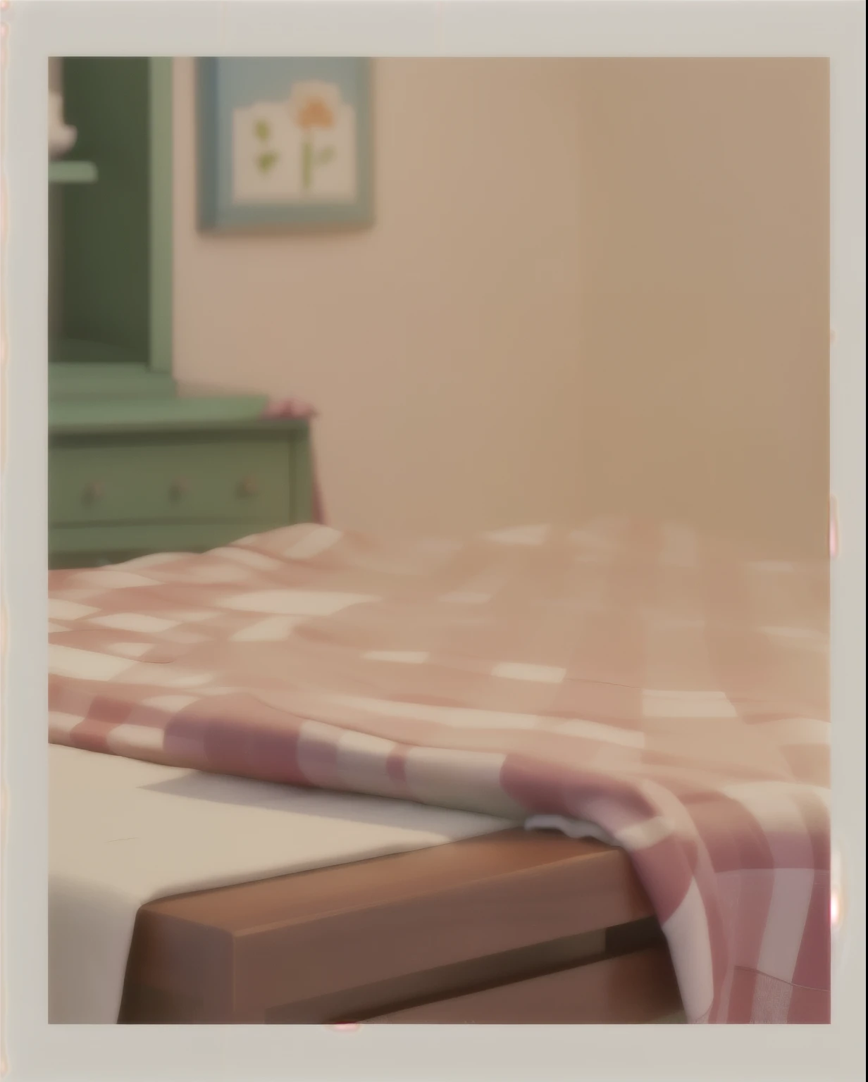 There is a table covered with a red and white checkered tablecloth。, Bedroom Background, Personal room background, Animation style rendering, Cloth simulation, Delicate soft painting, Some background blur, Detailed scenery —width 672, Warm home background, Soft Numbers, Semi-realistic rendering, 3 d stylize scene, The bed is not made, Animation stills, Realistic screenshots