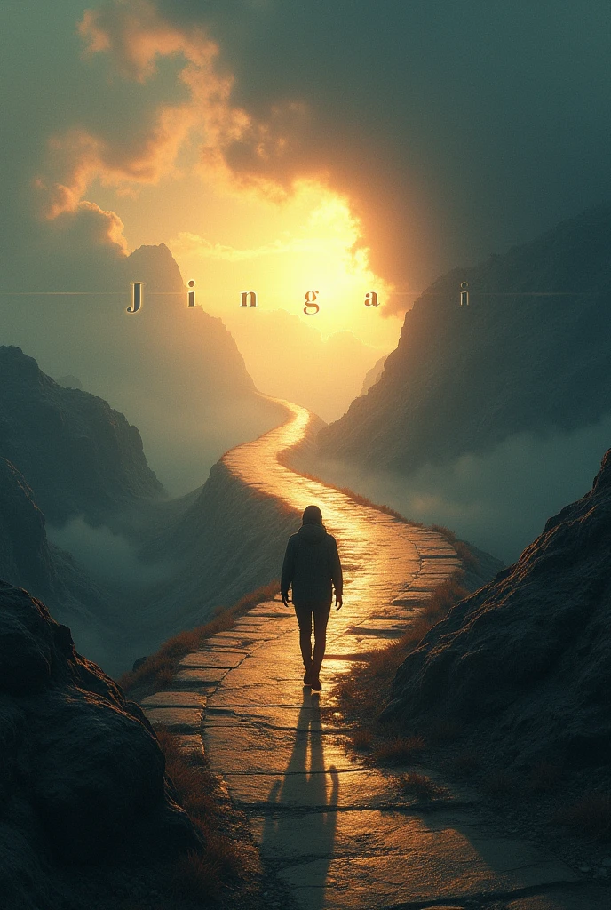 Create an image of a person walking along a challenging and winding path, symbolizing life's difficult journey. The path should be surrounded by a mix of bright and dark elements, representing the contrast between hope and hardship. In the distance, faint rays of light should break through, symbolizing hope and perseverance. The person's expression should be determined, embodying resilience and courage. The background can include subtle hints of dreams and aspirations, like soft glows or distant stars. The overall scene should evoke a sense of struggle, but also of unwavering hope and the promise of a new dawn. Include the text 'Jindagi' in bold, elegant font, integrated into the image to highlight the essence of life’s journey