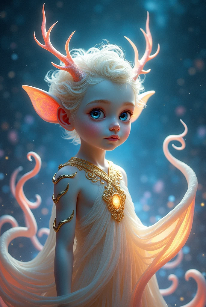 White boy,Almond eyes, blue, Natural hair. He is dressed in gold and silver,blue eyes, Deer ears are translucent and glowing spore Milky Way Fancher Filled with rainbow colored translucent slime san francisco Extraterrestrial life forms amoeba