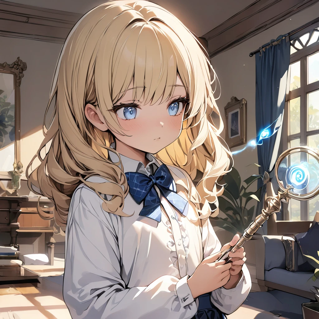 masterpiece, high quality, detailed background, girl, ten years old, ((long wavy blonde hair)), light blue eyes, , bow on the neck, adorable, concentrated, in a mansion living room, windows overlooking the courtyard , flowers, (((with a magic wand in his hands)))
