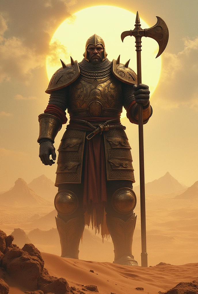 A 3 meter tall giant in the desert with a chain mail breastplate and a long-handled Japanese halberd