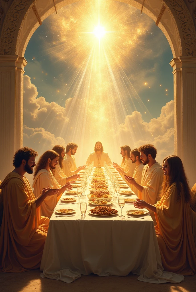 Image of the wedding of the lamb in heaven all at the table eating