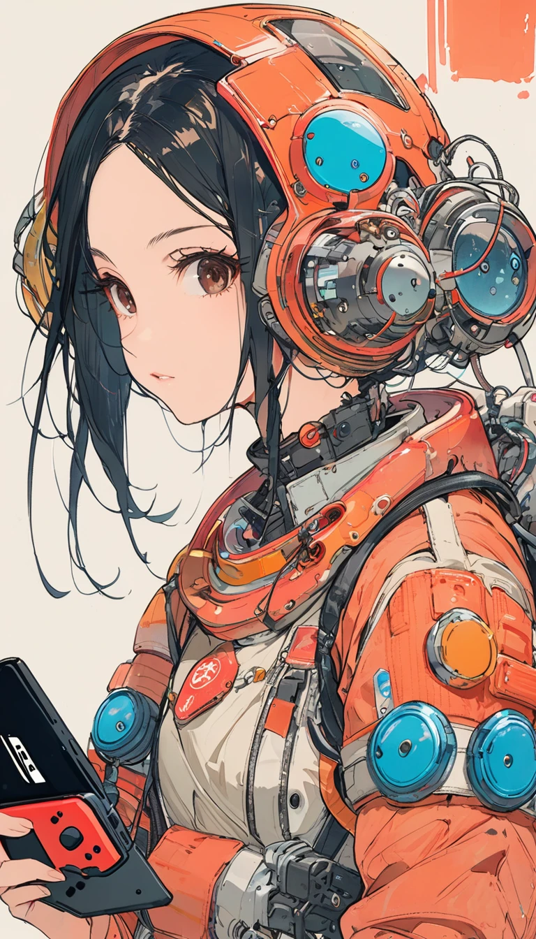 (Beautiful Japanese Women) (Hime cut) (Black Hair) (Dark brown eyes) (parts) (Playing on Nintendo Switch)、Upper Body、Spacesuit、Helmet、The Style of Kawanabe Kyosai