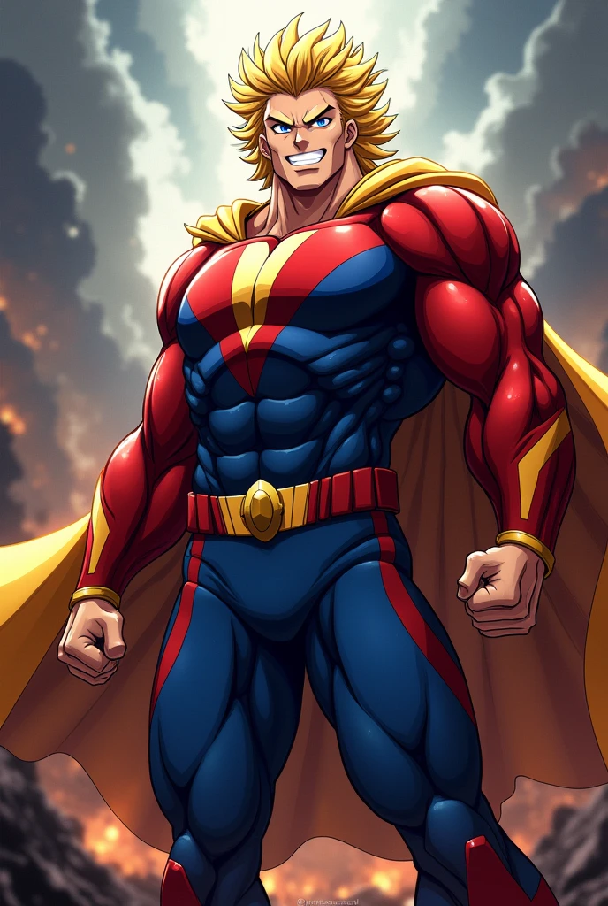 Create a dynamic and powerful image of All Might from My Hero Academia. The image should capture his heroic and iconic appearance, showing him in his signature hero costume with the vibrant colors of red, blue, and yellow. His muscular physique should be prominently displayed, emphasizing his superhuman strength and presence. All Might should be depicted in an action pose, perhaps with a confident, inspiring expression, as if he's about to unleash his formidable power. Incorporate elements that highlight his characteristic bright smile and determined eyes. The background should be dramatic, with a sense of motion or energy that complements his heroic demeanor. Ensure the overall style is bold and expressive, capturing the essence of All Might's larger-than-life persona.