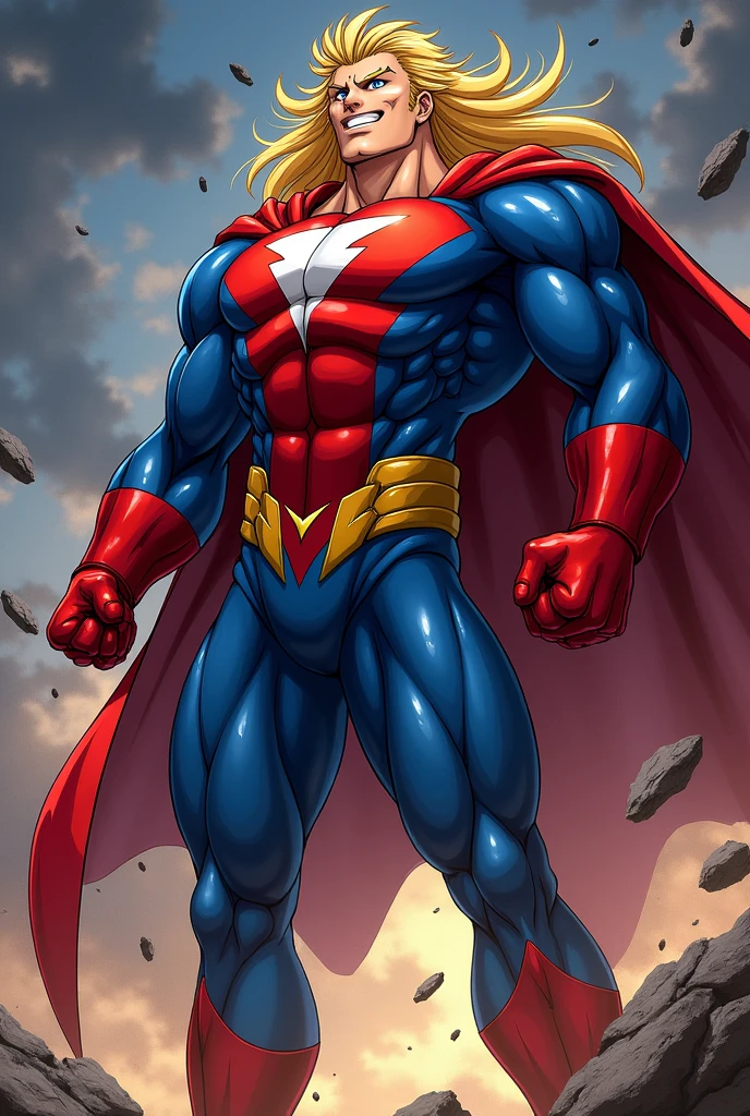 Create a dynamic and powerful image of All Might from My Hero Academia. The image should capture his heroic and iconic appearance, showing him in his signature hero costume with the vibrant colors of red, blue, and yellow. His muscular physique should be prominently displayed, emphasizing his superhuman strength and presence. All Might should be depicted in an action pose, perhaps with a confident, inspiring expression, as if he's about to unleash his formidable power. Incorporate elements that highlight his characteristic bright smile and determined eyes. The background should be dramatic, with a sense of motion or energy that complements his heroic demeanor. Ensure the overall style is bold and expressive, capturing the essence of All Might's larger-than-life persona.