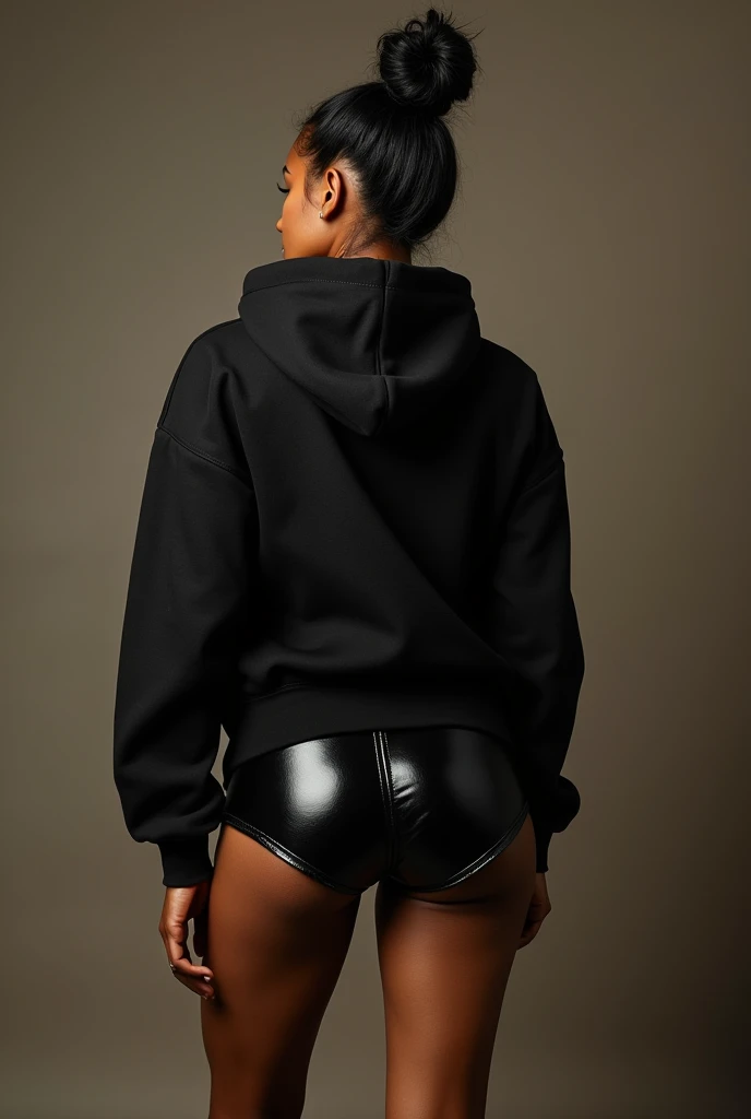 black woman hair in a bun black hoodie black leather short shorts being fucked in the ass by a old grandma in a dress