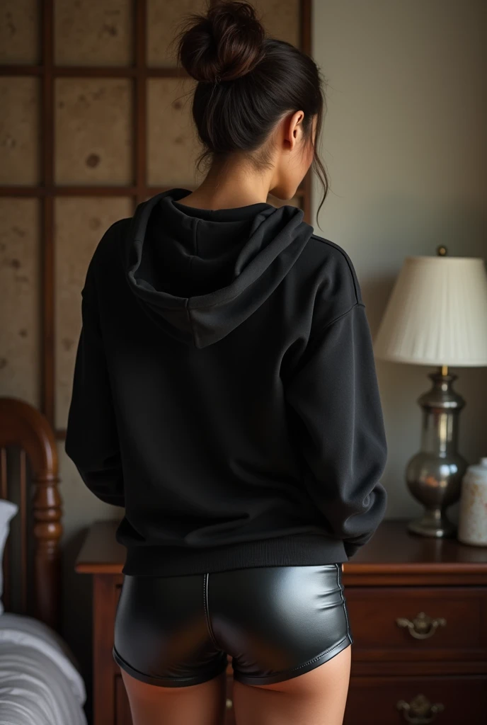 black woman hair in a bun black hoodie black leather short shorts being fucked in the ass by a old grandma in a dress