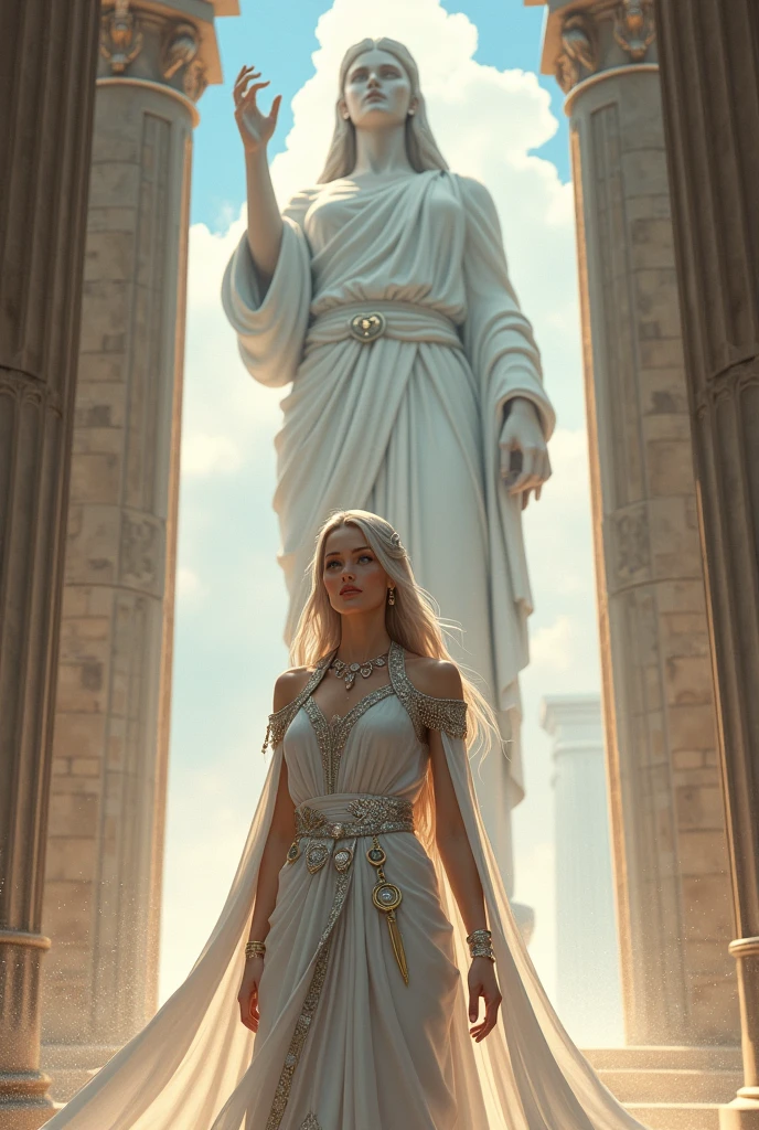 priestess of ancient Greece, de 25 anos ,with white clothes and silver jewelry, (((anime styling))), in the temple of Athena, right behind her was the statue of Athena, sexly, best qualityer, 4K.