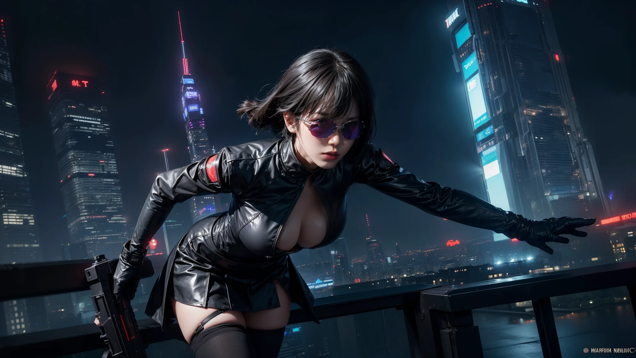 (Wide angle view). "ghost in the shell" film inspired futuristic Tokyo city, simple outlined neon tall buildings, (OLED holographic portrait on buildings), glowing giant clock tower, 1drone, lightning, 3D rendering Beeple. At night, (1girl, solo, alone), photorealistic, medium-breast slim:0.6 body, oval:0.5 face, cleavage:1.1, sexy costume with deep-v, low view pleated miniskirt, glove, (Matrix style black micro sunglasses), ((aiming viewer with a short gun)), (running pose), (half-body thigh level close-up shot), cinematic lighting, ray tracing.