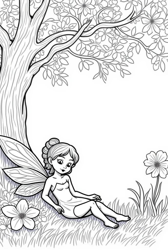 A magical fairy under a tree of blooming flower, clean line art, white background, colouring page, clean outline