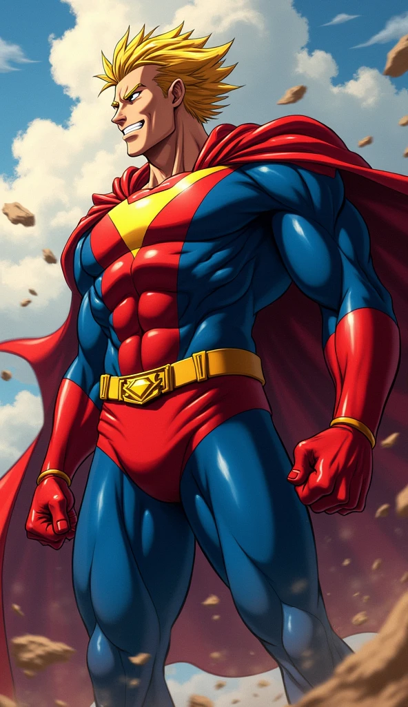 Create a dynamic and powerful image of All Might from My Hero Academia. The image should capture his heroic and iconic appearance, showing him in his signature hero costume with the vibrant colors of red, blue, and yellow. His muscular physique should be prominently displayed, emphasizing his superhuman strength and presence. All Might should be depicted in an action pose, perhaps with a confident, inspiring expression, as if he's about to unleash his formidable power. Incorporate elements that highlight his characteristic bright smile and determined eyes. The background should be dramatic, with a sense of motion or energy that complements his heroic demeanor. Ensure the overall style is bold and expressive, capturing the essence of All Might's larger-than-life persona.