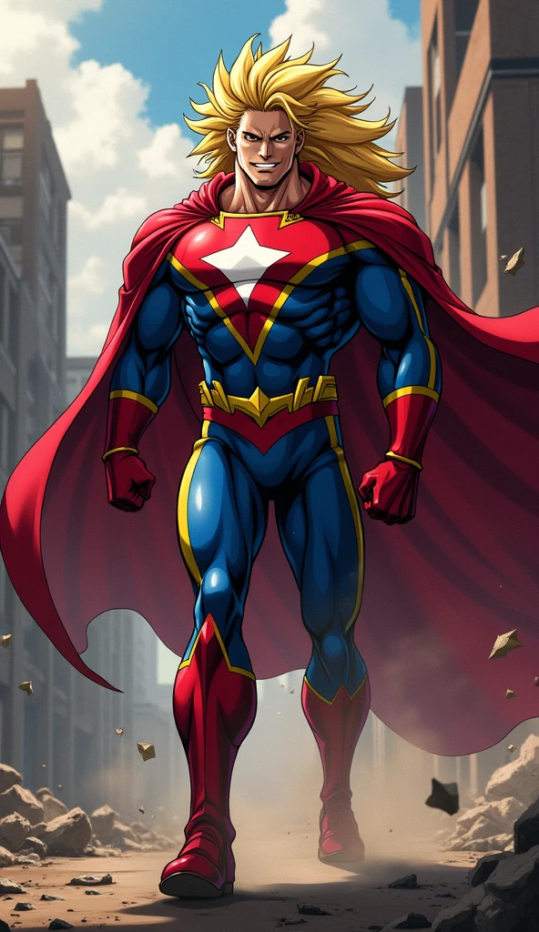 Create a dynamic and powerful image of All Might from My Hero Academia. The image should capture his heroic and iconic appearance, showing him in his signature hero costume with the vibrant colors of red, blue, and yellow. His muscular physique should be prominently displayed, emphasizing his superhuman strength and presence. All Might should be depicted in an action pose, perhaps with a confident, inspiring expression, as if he's about to unleash his formidable power. Incorporate elements that highlight his characteristic bright smile and determined eyes. The background should be dramatic, with a sense of motion or energy that complements his heroic demeanor. Ensure the overall style is bold and expressive, capturing the essence of All Might's larger-than-life persona.