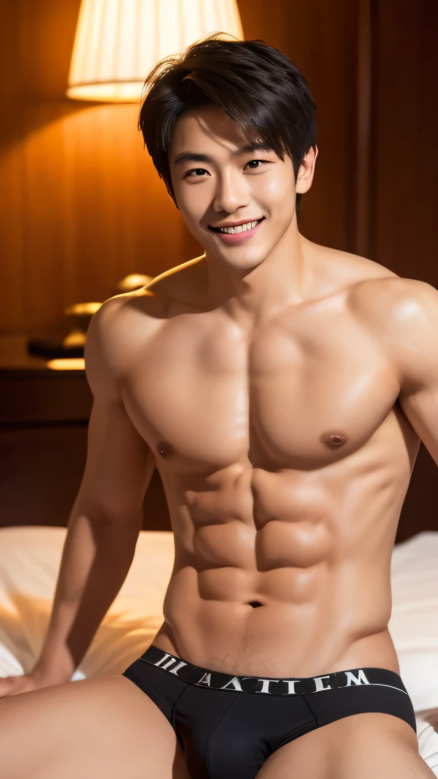 High resolution, A well-built, handsome young Japanese man, Sunburned skin, Six Pack Abs, Wearing black thong underwear, Looking into the camera.Luxury hotel bed、Long legs、A kind smile、Positive