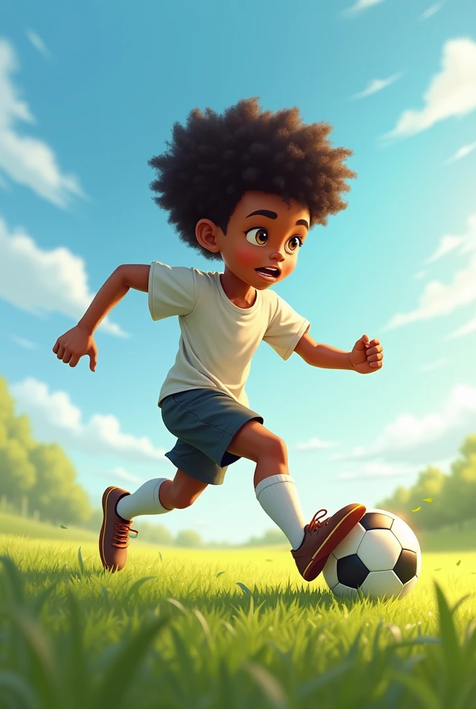 dark skinned boy with black hair and brown eyes playing soccer without a soccer uniform