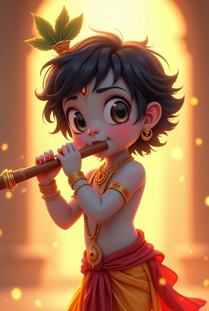 Lork kishna in little anime character with hand in flute and smile face and background blur and warm colors and univers