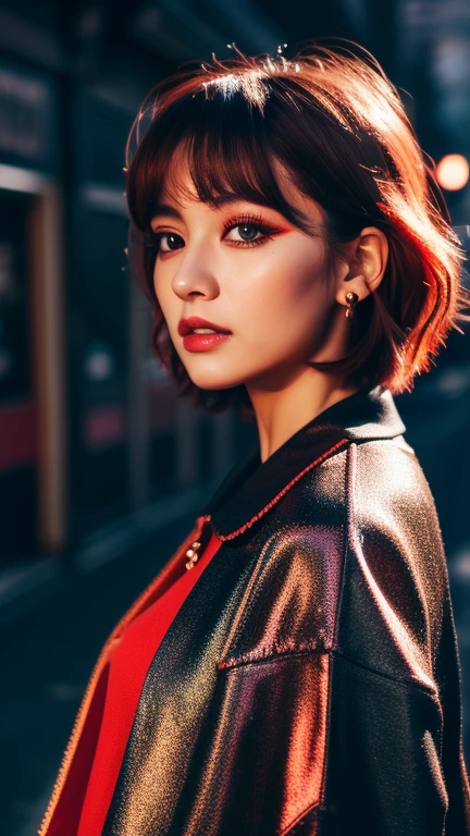 beautiful girl, bust, Short, bright red, messy hair, Black eyeshadow, (Street Style Clothes:1.2), (Urban Background:1.2), Heavy makeup, Digital Art, Trending on Art Station, highly detailed, detailed 細かい, Complex, beautiful detailed glow, detailed, Cinematic Light, High resolution, detailed facial features, Sharp focus, soft, beautiful,