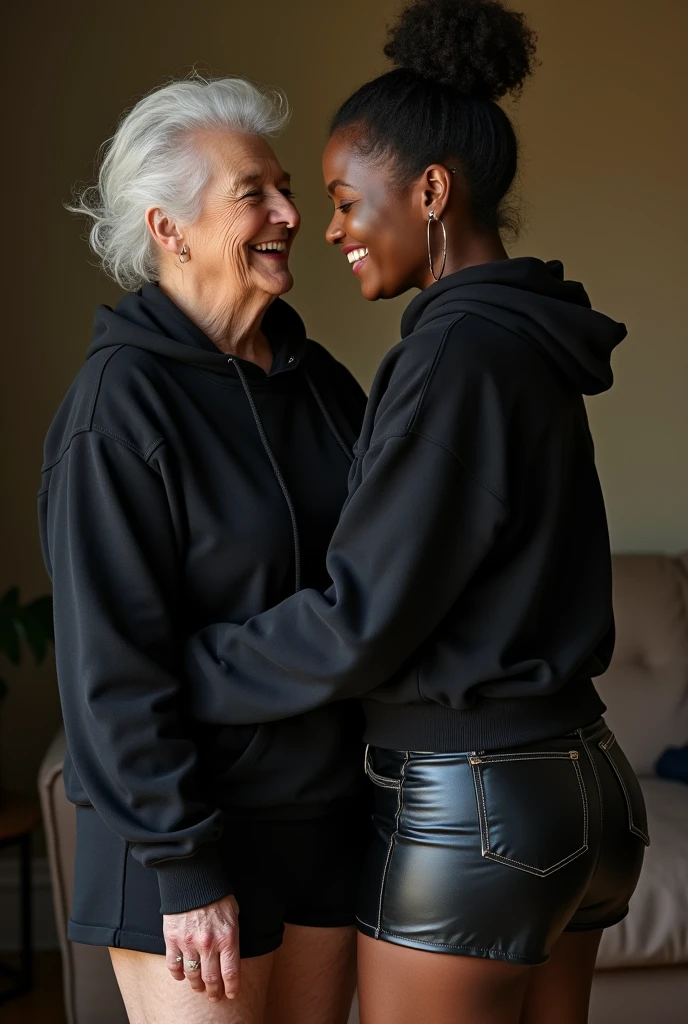 black woman hair in a bun black hoodie black leather short shorts being fucked in the ass by a old grandma in a dress
