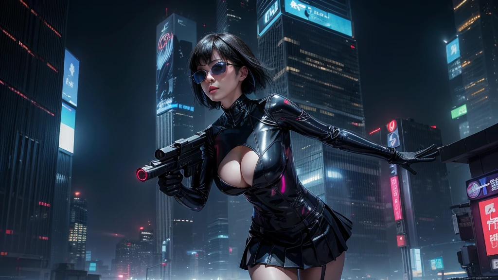 (Wide angle view). "ghost in the shell" film inspired futuristic Tokyo city, simple outlined neon tall buildings, (OLED holographic portrait on buildings), glowing giant clock tower, 1drone, lightning, 3D rendering Beeple. At night, (1girl, solo, alone), photorealistic, medium-breast slim:0.6 body, oval:0.5 face, cleavage:1.1, sexy costume with deep-v, low view pleated miniskirt, glove, (Matrix style black micro sunglasses), ((aiming viewer with a short gun)), (running pose), (half-body thigh level close-up shot), cinematic lighting, ray tracing.