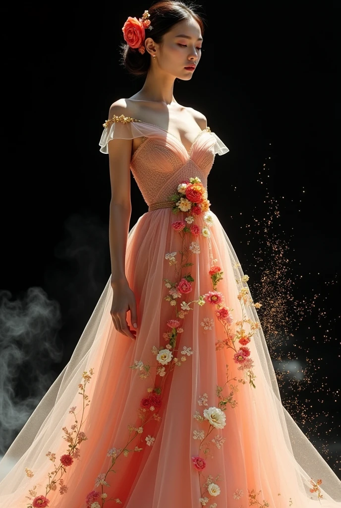 happy summer fashion design by vera wang with colourful flowers in soft nude colours and floral, wore by japanese female model, black void background, soft golden particles, smokes and nice lighting, UHD, HDR, 8k, Masterpiece, realistic, hyper realistic.