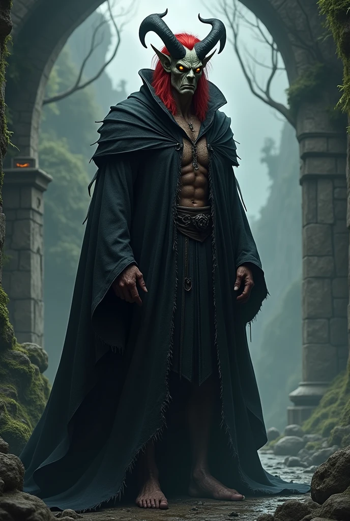 Johnny Depp as Gronda, a human gargoyle with sorcerer abilities, red hair, black horns, wears black robe with hood, dark Fantasy