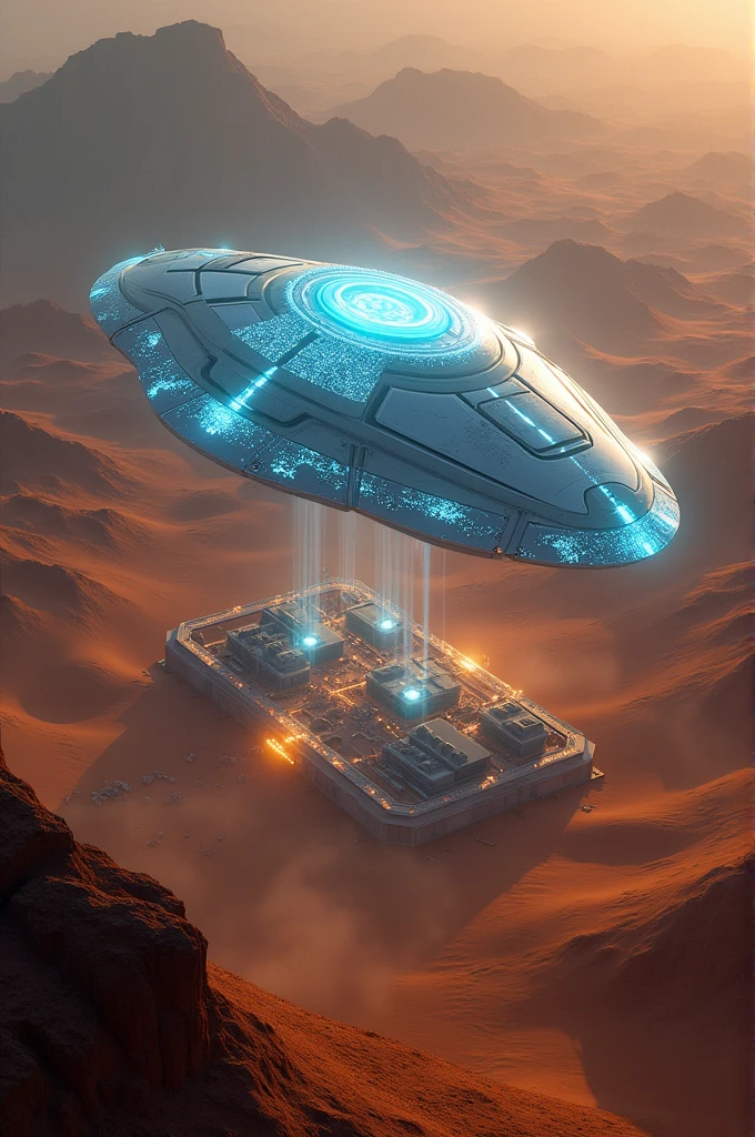 A futuristic, glowing spaceship hovering over a military base in the desert, with bright lights.”