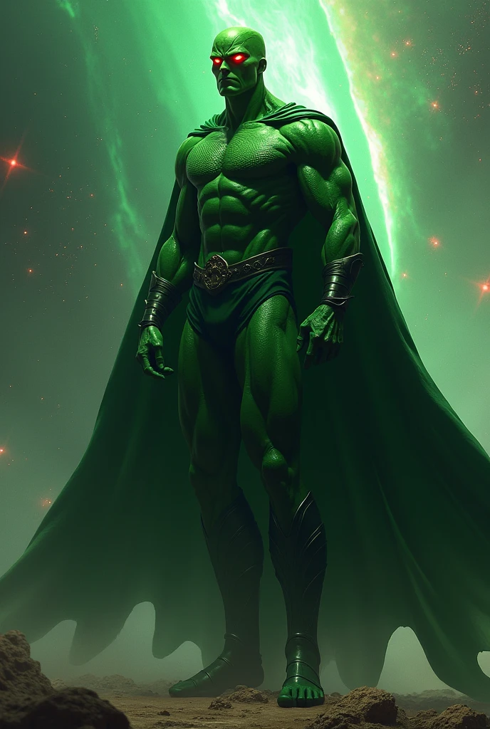 high quality, cinematic, concept art of Martian Manhunter, detailed anatomy and musculature, powerful stance, alien features, red glowing eyes, green skin, flowing cape, outer space background, dramatic lighting, cinematic composition, digital painting, octane render, hyper realistic