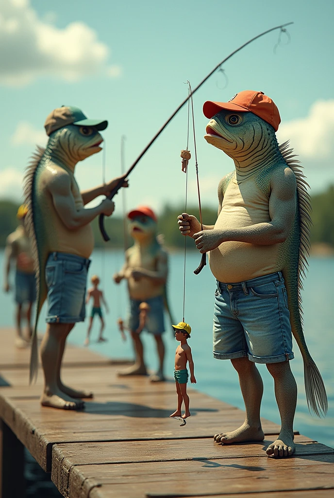 Fish people are fishing from a dock, fishing rods and bait buckets, they are dressed country with blue jean shorts and colorful ball caps. They are catching fish sized naked people from the lake on their fishing lines and posing for photographs holding up their catches
