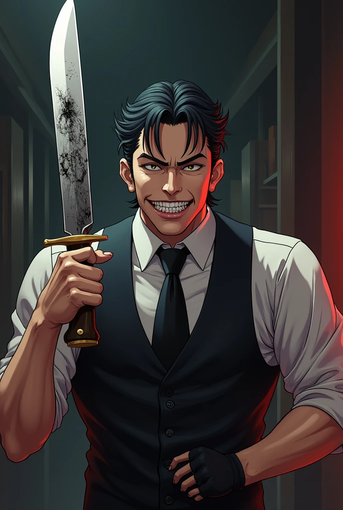 man strong, bartender outfit, very stylish, lightly combed black hair, formal face, serious eyes, With a malicious smile, holding a large hunting knife with a simple drawing of a sharp-toothed smile on the knife in anime style